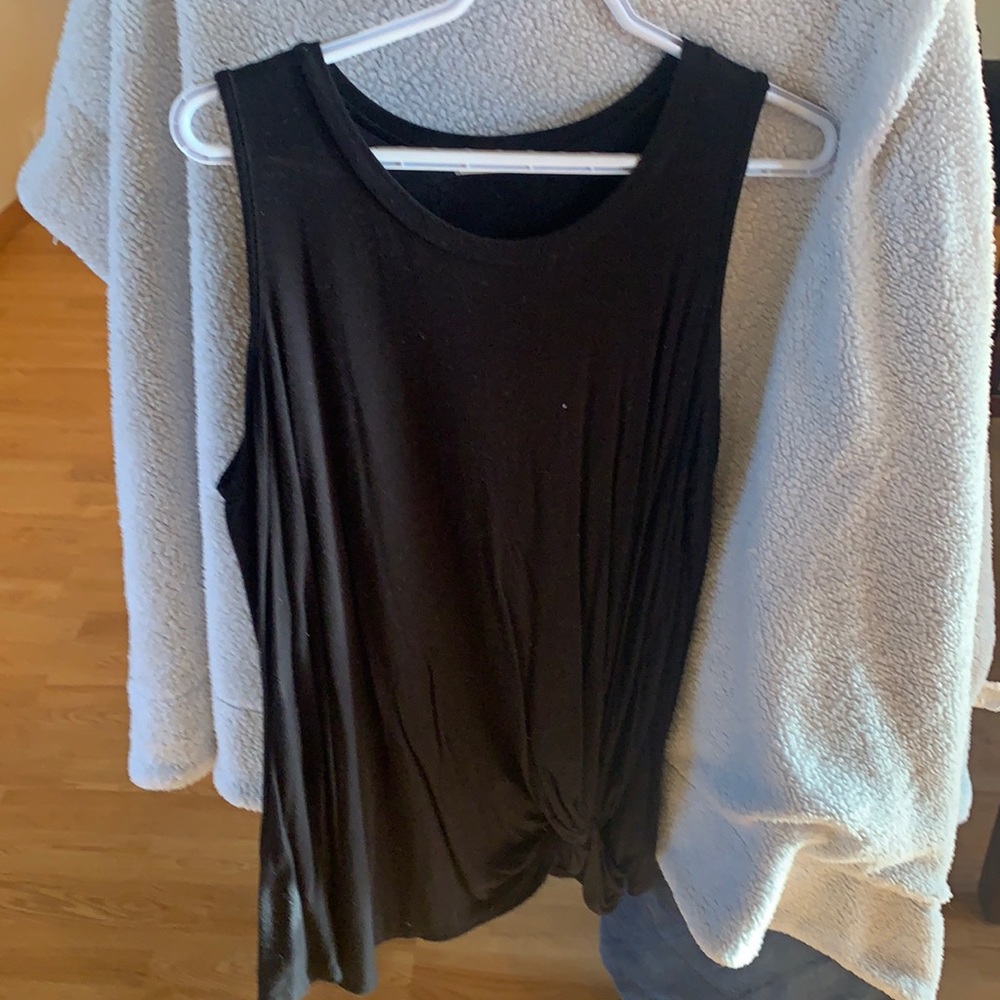 Black cold shouldered tunic. With little ruching/ knot at bottom